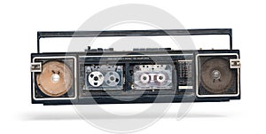 Very dirty shabby and broken old two cassette player, isolated on white background. File contains a path to isolation