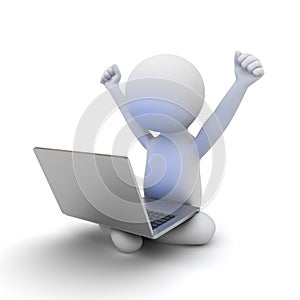 Very happy 3d man sitting on white ground with laptop computer on his lap