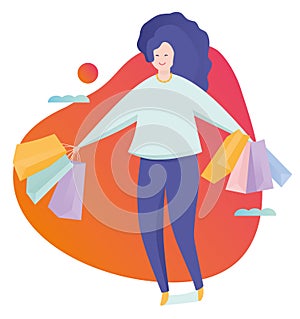 Very happy beautiful young woman in casual clothing with shopping bags. Colorful vector illustration in flat cartoon