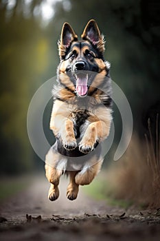 A very happy German Shepherd jumping in the air .