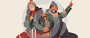 Very happy hiking couple sitting on top of the mountain. Flat illustration for web stories