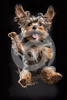 A very happy Yorkie dog jumping in the air .