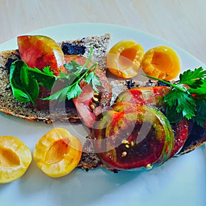 Healthy breakfast or brunch, favorite meal. selfbaked bread with olive cream,black zebra tomatoes and fresh apricots