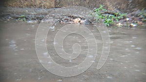 Very heavy rainwater flows in front of the house in a very low direction