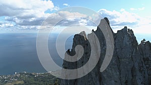 Very high cliff with calm sea below. Shot. Amazing view under blue cloudy sky