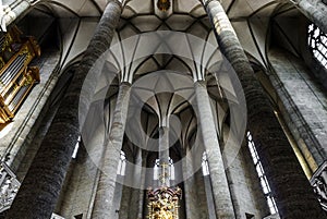 Very high medieval church with majestic ceiling. Interior.