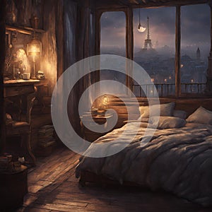 very highly detailed cozy rustic bedroom with a night view of paris in heavy mist - 1