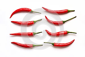 Very Hot Chili Peppers Isolated on White Background Top View.