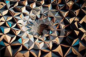 a very intricate looking picture of a flower in a mirror imaged in gold and blue colors with a black background