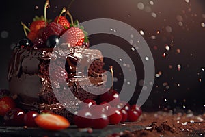 a very large chocolate cake on a plate with cherries