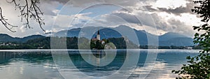 Very large panoramic view on The Church of Mary the Queen, located on an island in Lake Bled. Slovenia