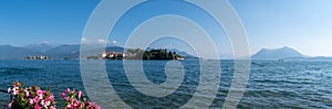 Very large panoramic view of Lago Maggiore Lake and Borromean islands (Isola Bella, Superiore, Madre