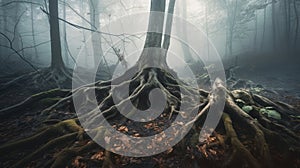 a very large tree with very large roots in a foggy forest with lots of leaves on the ground and a few trees on the ground