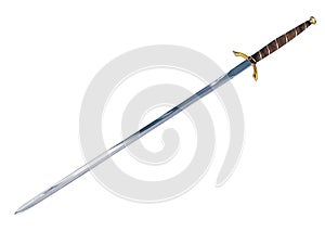 Thin and shiny long sword in a white background.