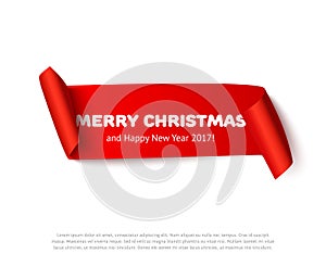 Very Merry christmas paper roll banner with realistic shadow. Red vector cardboard scroll isolated on white background