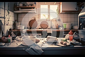 very messy unorganized and dirty kitchen,Generative AI