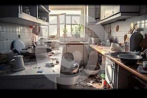 very messy unorganized and dirty kitchen,Generative AI