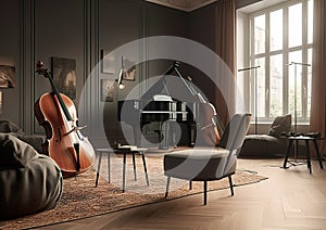 Very modern music room equipped with a variety of musical instruments and equipment suitable for a modern studio.