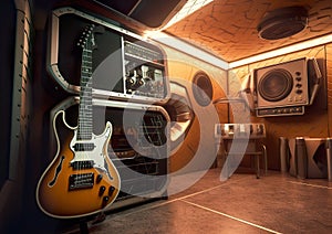 Very modern music room equipped with a variety of musical instruments and equipment suitable for a modern studio.