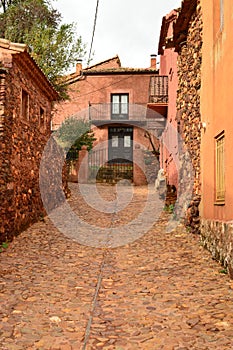 Very Narrow Streets Of A Quaint Village With Its Black Slate Roofs In Madriguera. Architecture Vacation Travel Rural Life. photo