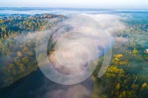 Very nice aerial landscape of lake and mist during sunrise