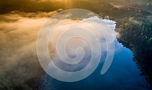 Very nice aerial landscape of lake and mist during sunrise