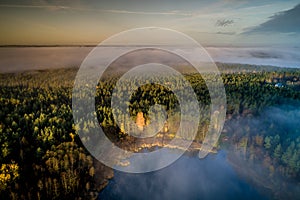 Very nice aerial landscape of lake and mist during sunrise