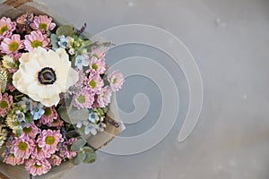 Very nice blossoming bouquet of fresh hydrangea, eustoma, roses, eucalyptus, lavender, flowers in pastel pink and cream