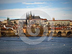 Very nice night view of Prague, romantic walk through night Prague along the Vltava river with interesting colors,night colors