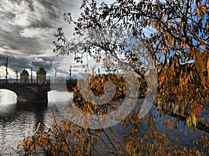 Very nice view of Prague, romantic walk through night Prague along the Vltava river with interesting colors,night colors