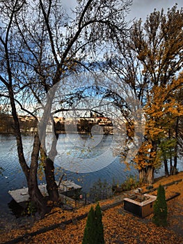 Very nice view of Prague, romantic walk through night Prague along the Vltava river with interesting colors,night colors