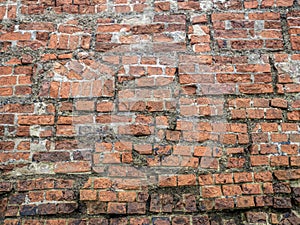 Very old brick wall, rebuilt. Background.