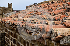 Very old ceramic, red roof tiles on an old historic building.
