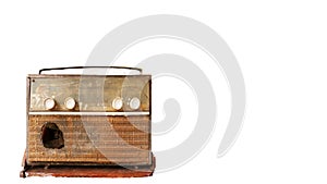 A very old, damaged radio player with an old picture background