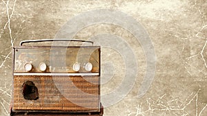 A very old, damaged radio player with an old picture background