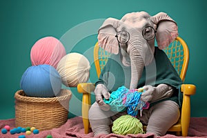 a very old elephant knitting like a grandmother, created with Generative AI technology