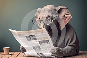 a very old elephant wearing glasses and reading newspaper created with Generative AI technology