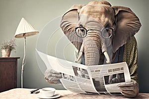 a very old elephant wearing glasses and reading newspaper created with Generative AI technology