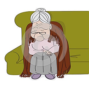 Very old grey-haired senior woman, granny, sitting on the sofa, sleeping and snoring. She has a blanket around her downbent back.