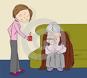Very old grey-haired senior woman, granny, sitting on the sofa, sleeping. Young cheerful woman nurse carer bringing her cup of tee