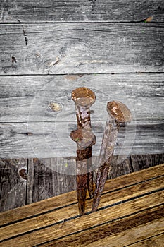 very old large nails on a beautiful wooden background, rusty