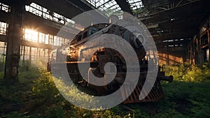 a very old looking train sitting in an abandoned building near a sun