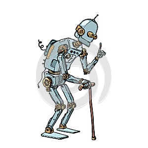 Very old robot man with a stick