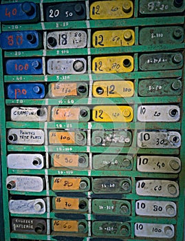 Very old Tool cabinet in the workshop with containers