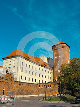 Very old tower of Wawel castle Polish kings castle  famous landmark in Krakow, Poland. Medieval castle in Europe