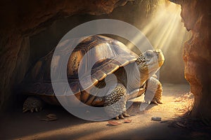 very old turtle basking in the warm sunlight, enjoying peaceful moment