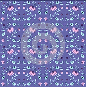 Very peri flower pattern. Flowers in purple, blue and pink color. Very peri seamless background. Hand drawn natural