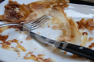 Very popular Turkish burek meal filled by cheese served at the plate in restaurant buregdzinica