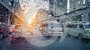 Very rare rainy day in bangkok as seen through car windows
