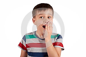 Very scared and surprised boy isolated on white background.